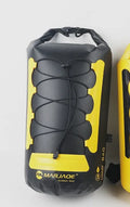 Yellow and black 20-litre waterproof PVC backpack for camping with dry-wet separation compartment.