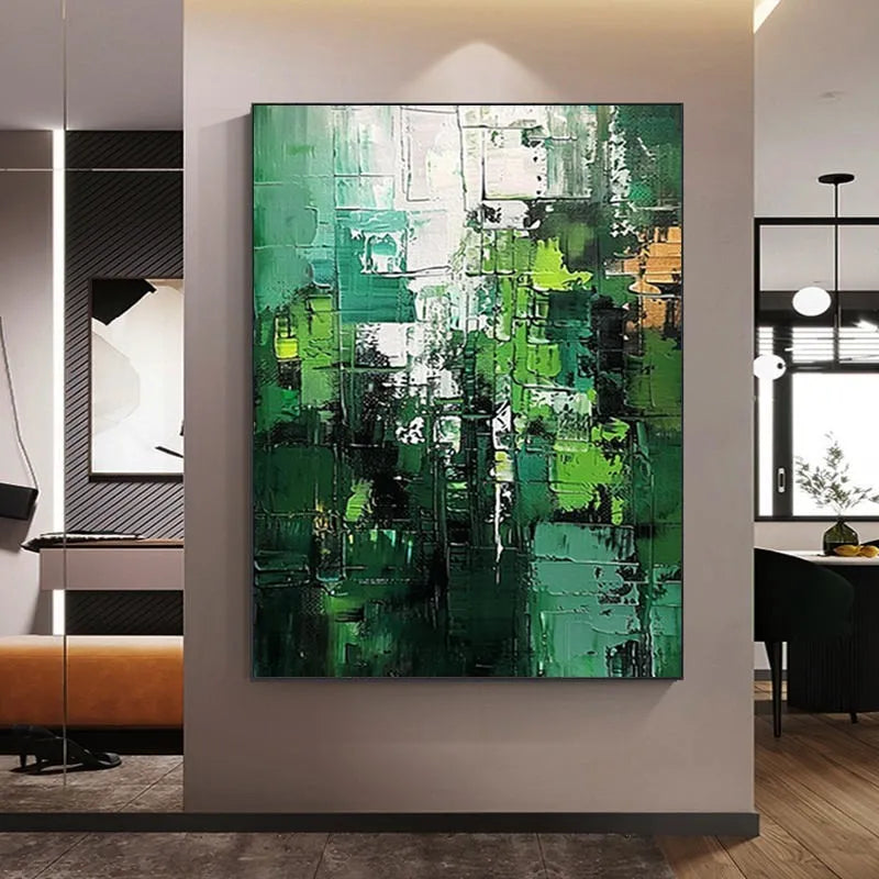 Green abstract hand-painted oil painting on canvas, unframed, with texture visible