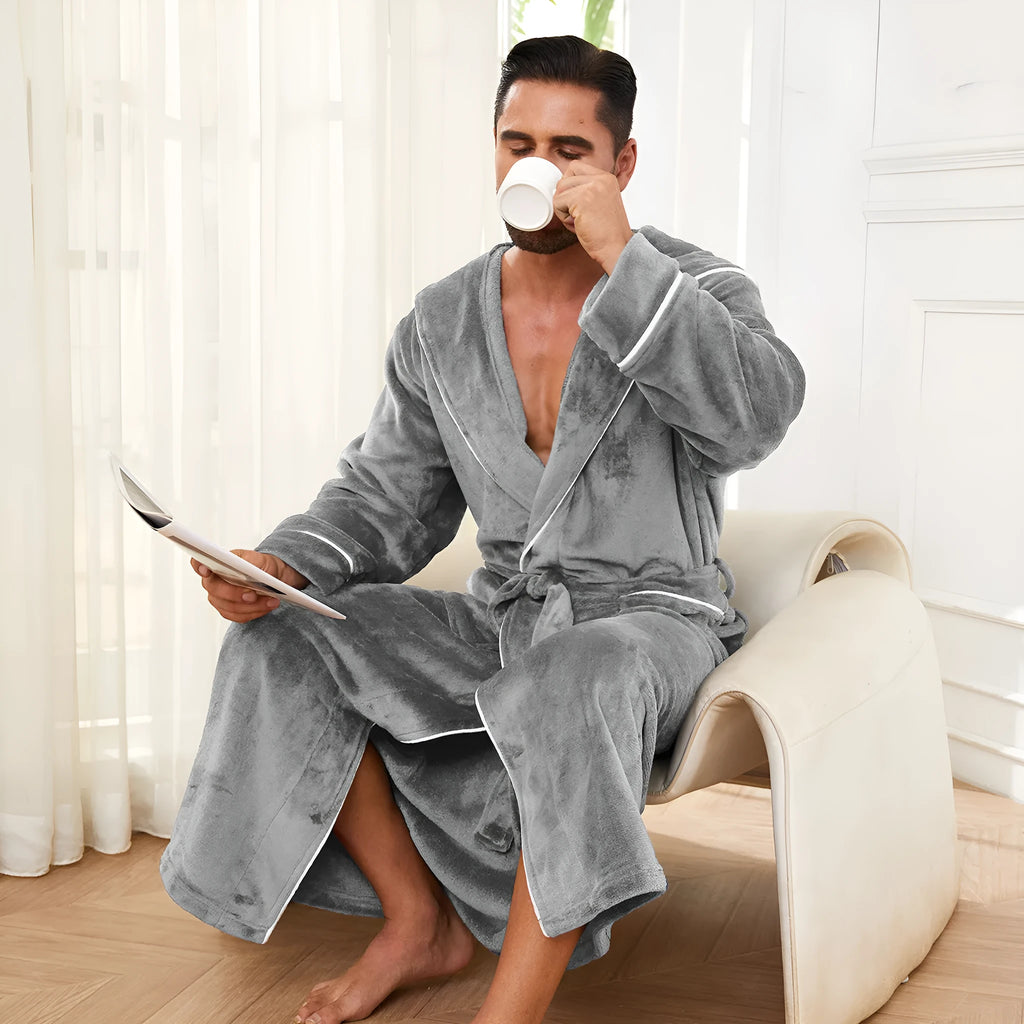 Man wearing a light grey flannel bathrobe in a European style for winter.