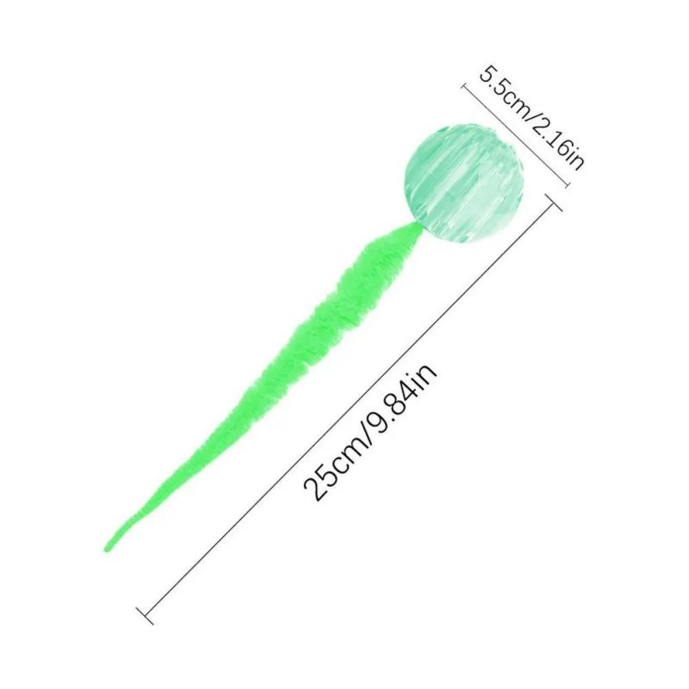 TPR interactive cat ball toy with attached worm tail in green, pink or purple colours