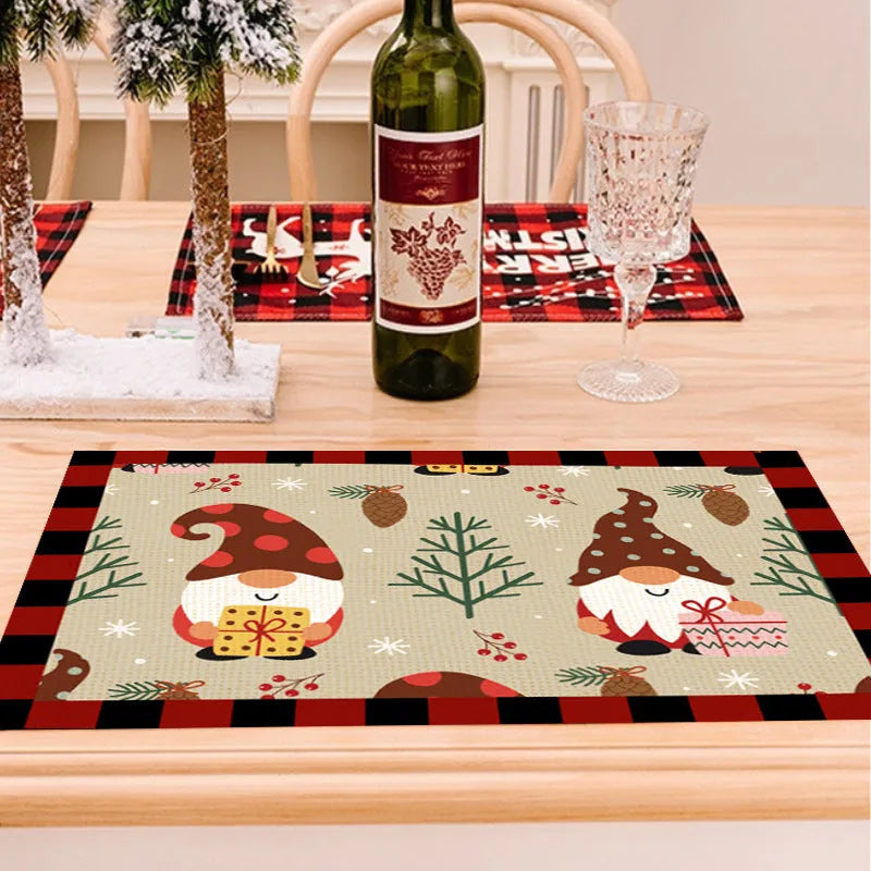 Square Christmas cartoon elk print placemat, 33x45cm, linen or cotton and linen, nine colours.