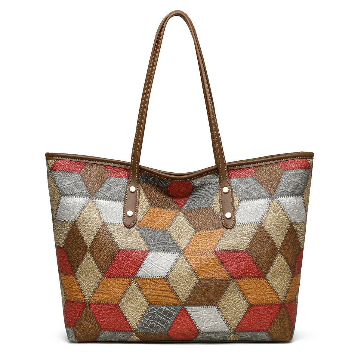 Women's blue brown PVC shoulder handbag with sandwich pocket design and large main compartment