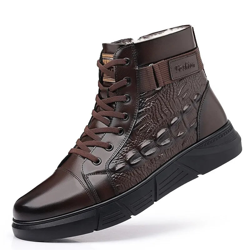 Genuine leather winter boots with snow cotton fur lining and rubber sole in black velvet style