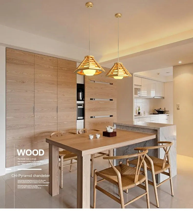 Modern minimalist bamboo woven woodcraft ceiling pendant lamp with LED light, 35cm wood colour