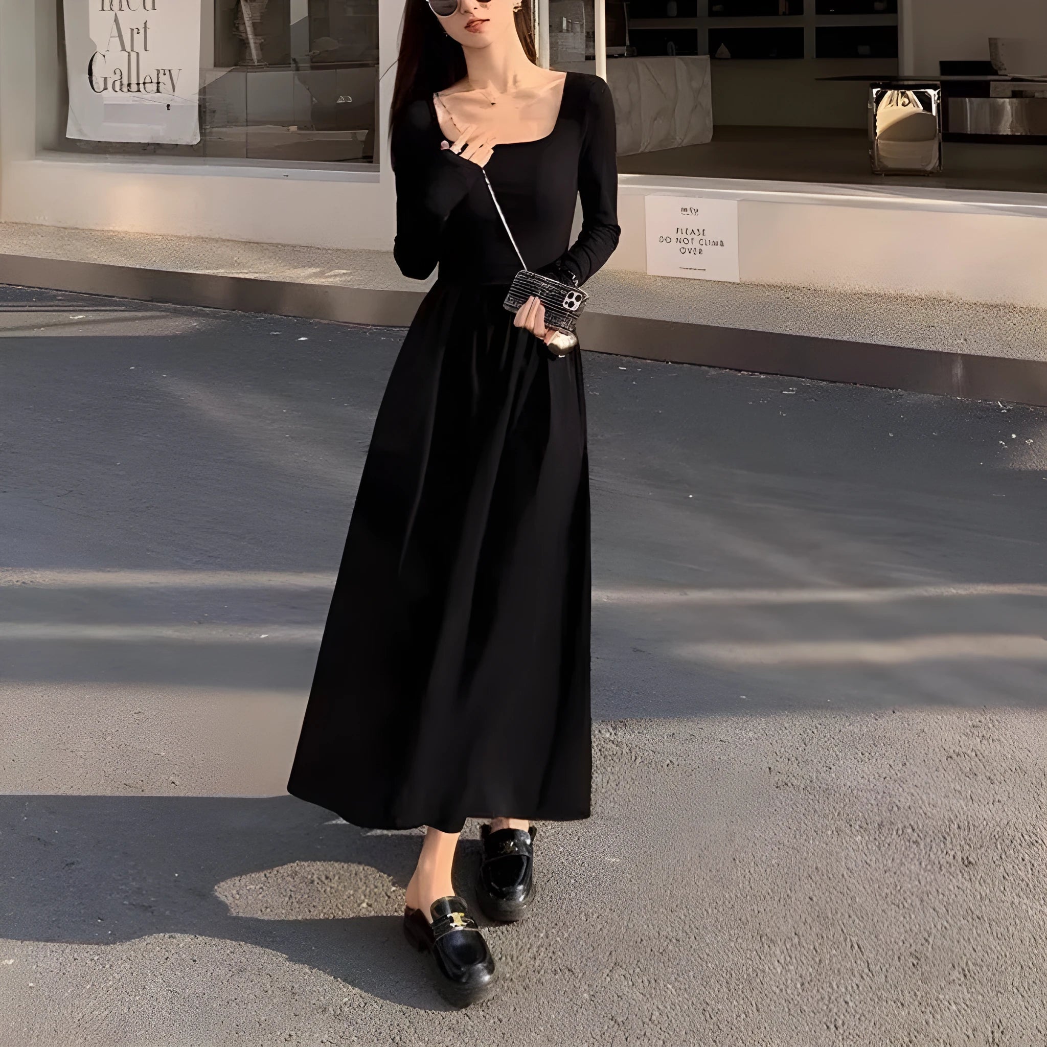 Women's black knitted square collar dress with long sleeves and an elastic waist A-line skirt