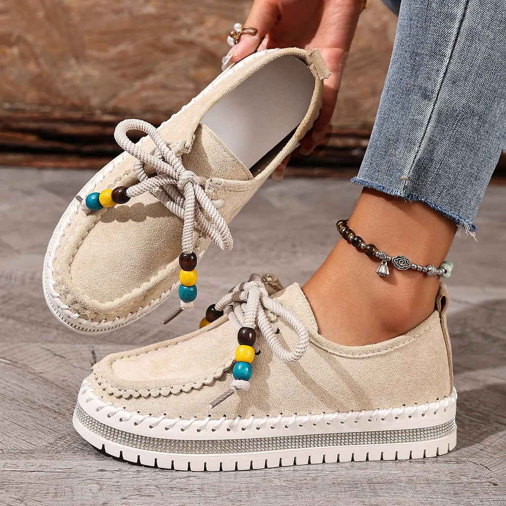 Retro full-covered women's flats in beige and camel, suede upper, thick rubber sole, lace-up, sizes 36-43