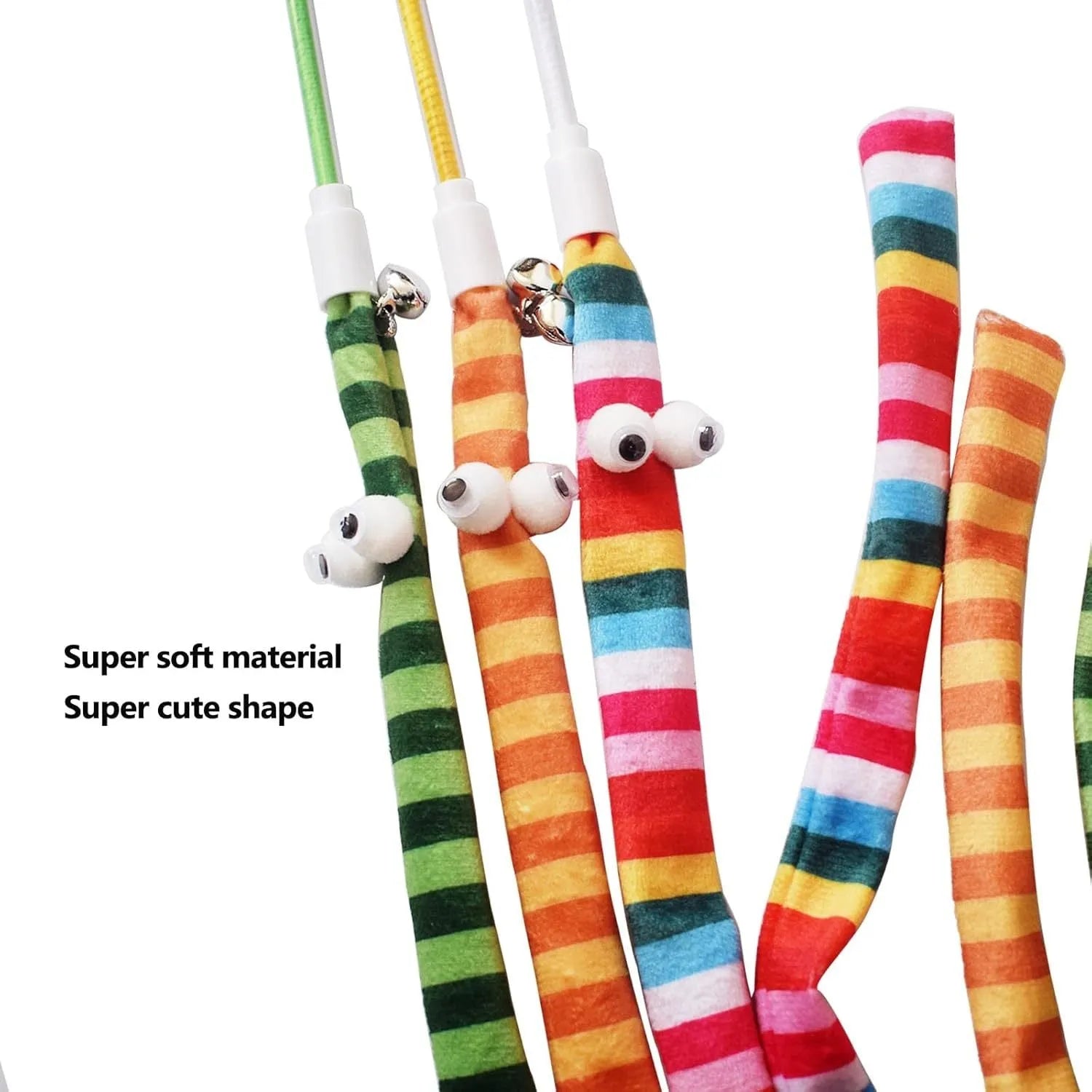 Cat wand teaser toy with a polycarbonate handle and a long green plush strip with a bell.