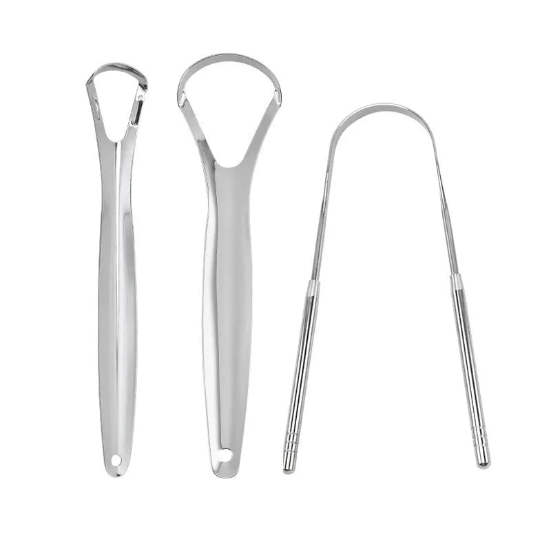 Stainless steel tongue scraper set with large opening U-shaped, small opening U-shaped, and spoon type scrapers in pearlescent bag packaging