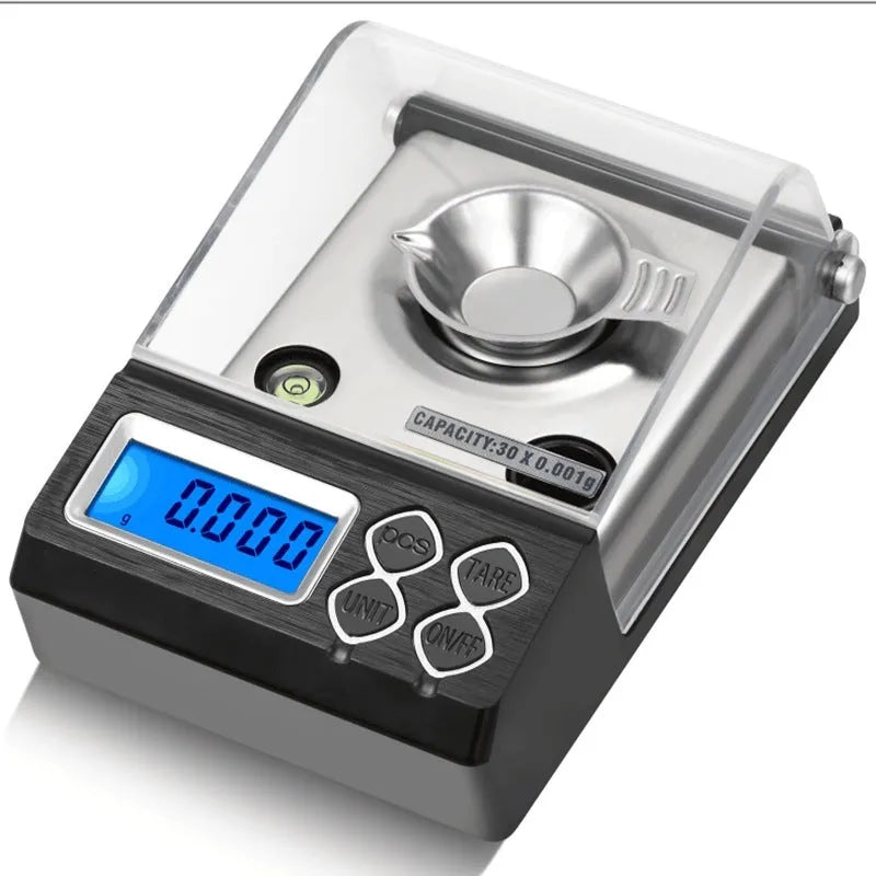 Portable electronic jewellery scale with digital display, 144x84.5x51mm size, 0.001g high precision, 50g capacity