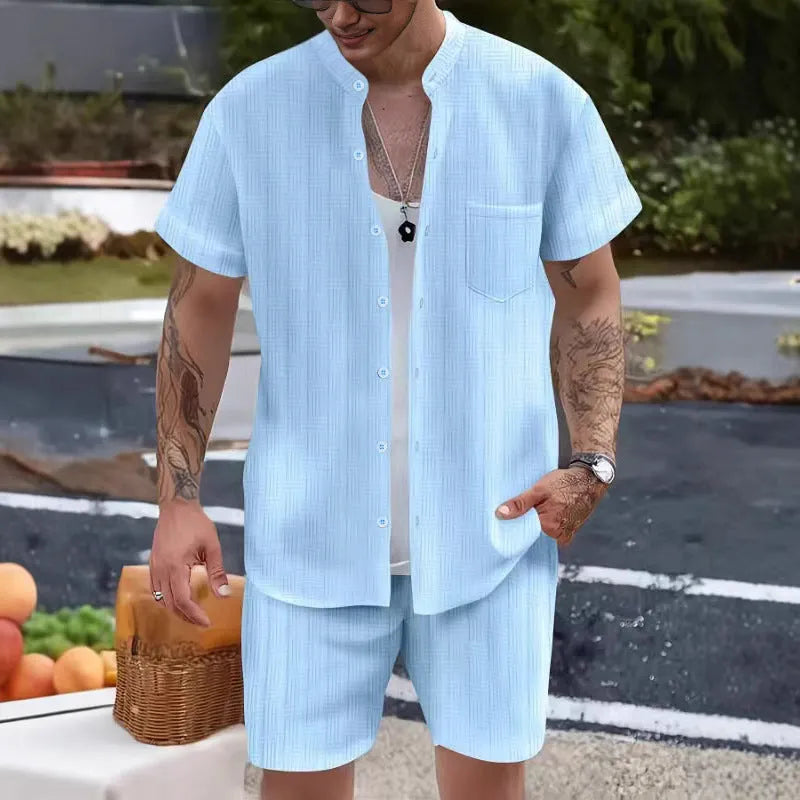 Men's casual henley collar short sleeve shirt and shorts set in polyester, available in multiple colours