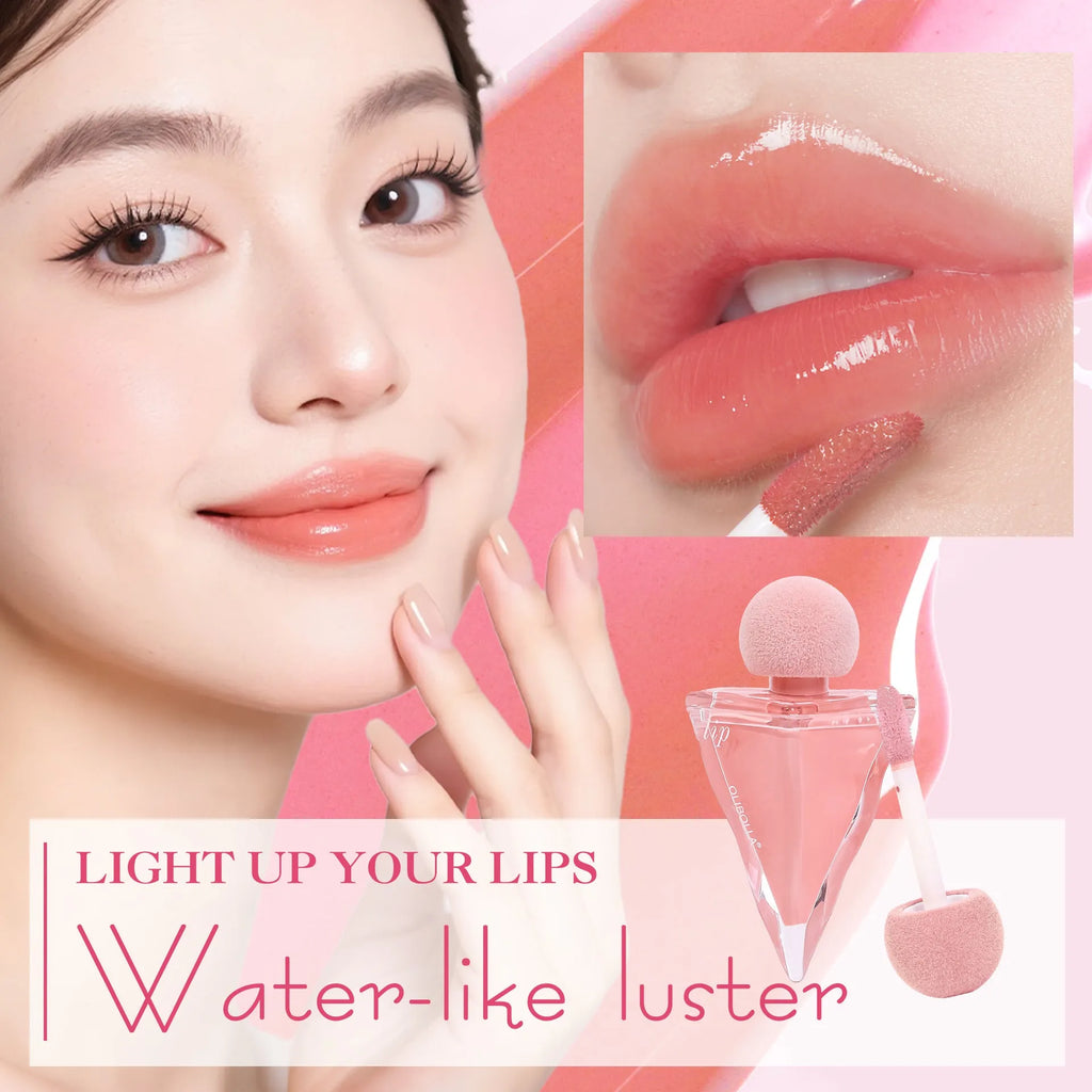 Glossy Mirror Triangle Bottle Lipstick in a modern triangle bottle, available in six shades for all skin types
