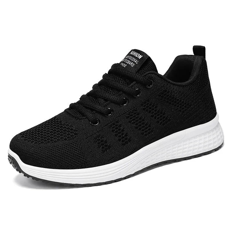 Women's flyknit running shoes with soft sole in black, rose red, or gray pink colours