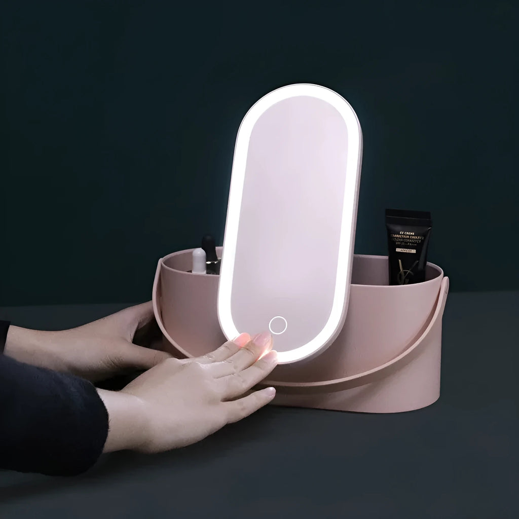 Portable LED light storage box makeup mirror in pink with aluminium lens