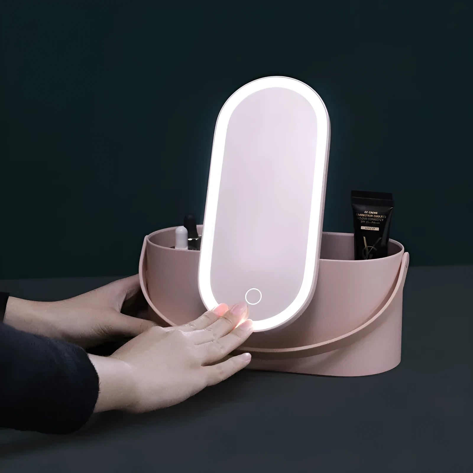 Portable LED light storage box makeup mirror in pink with aluminium lens