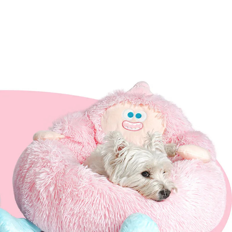 Grey or pink thick plush pet nest for cats and dogs, shown in S, M, and L sizes.