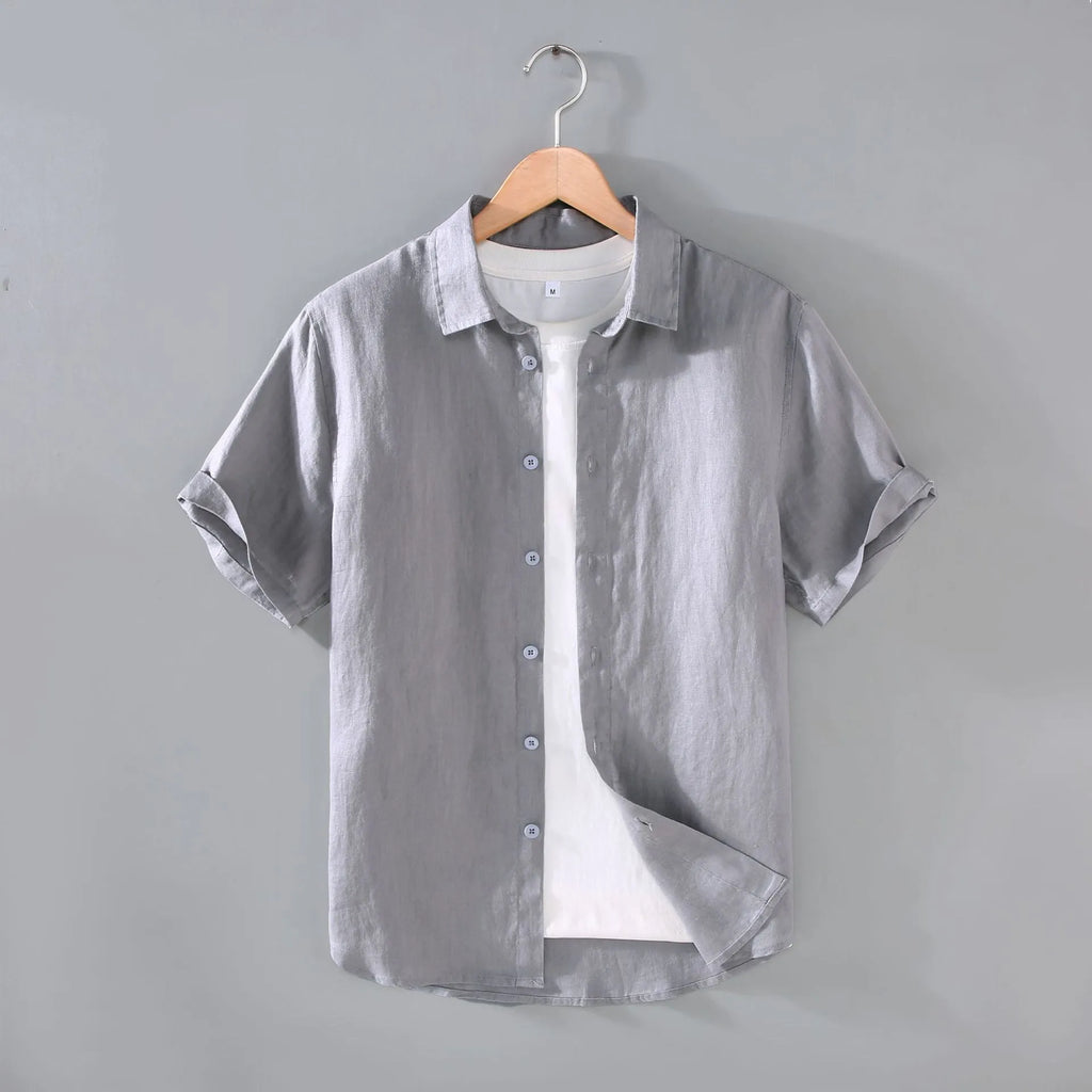 Men's youth short-sleeved linen shirt in cardigan style with regular fit