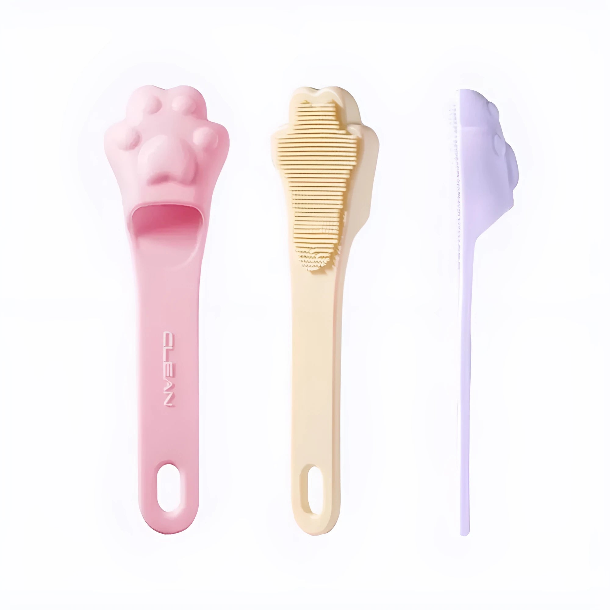 Pink silicone finger cover toothbrush for pets on a white background