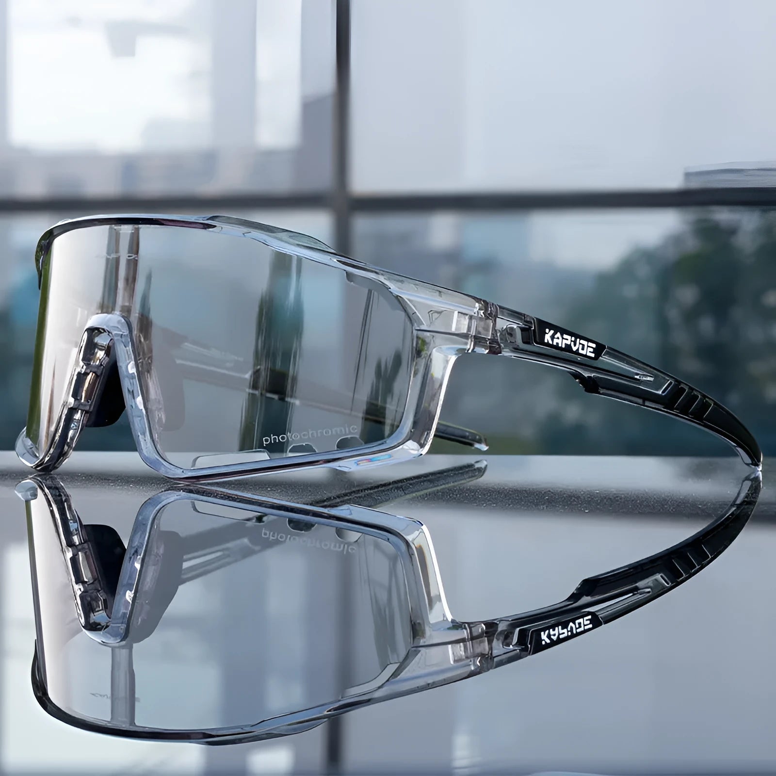 TR90 frame photochromic cycling sunglasses shown in a semi-rimless, unisex style for outdoor sports.