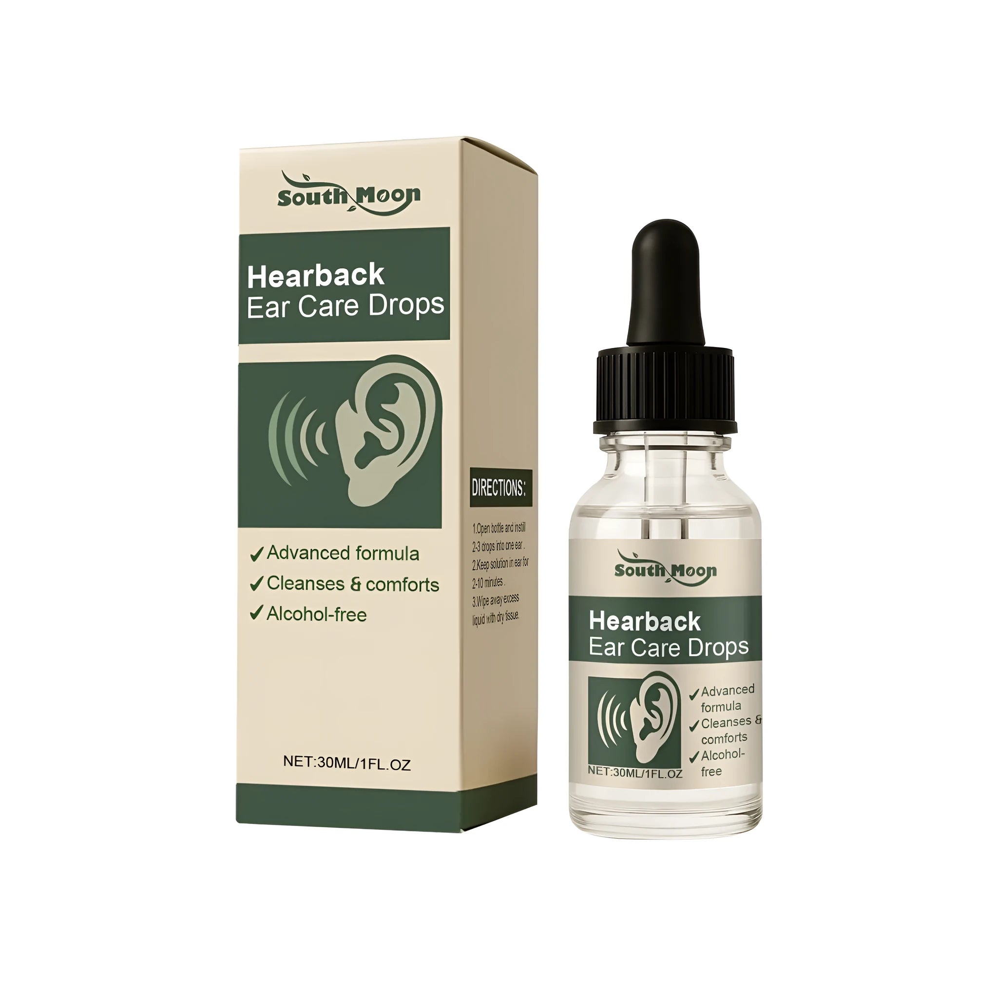 30ml bottle of ear drops containing witch hazel and natural extracts for ear care.