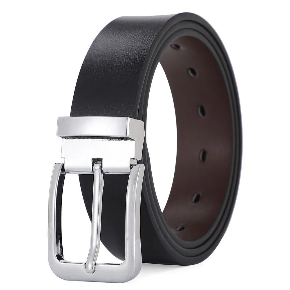 Men's brown leather belt with an alloy pin buckle showing embossed water pattern design.