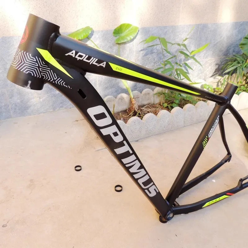 Black green aluminium mountain bike frame with internal cable routing and disc brake mounts