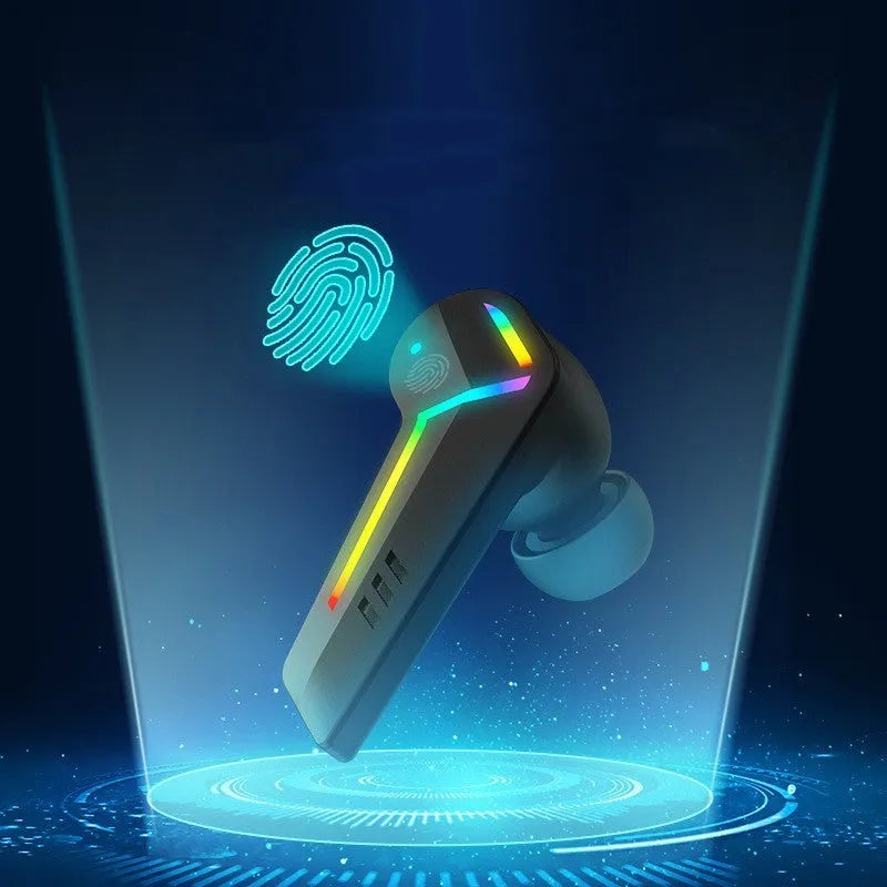Black TWS Bluetooth gaming headset with low latency for sports.