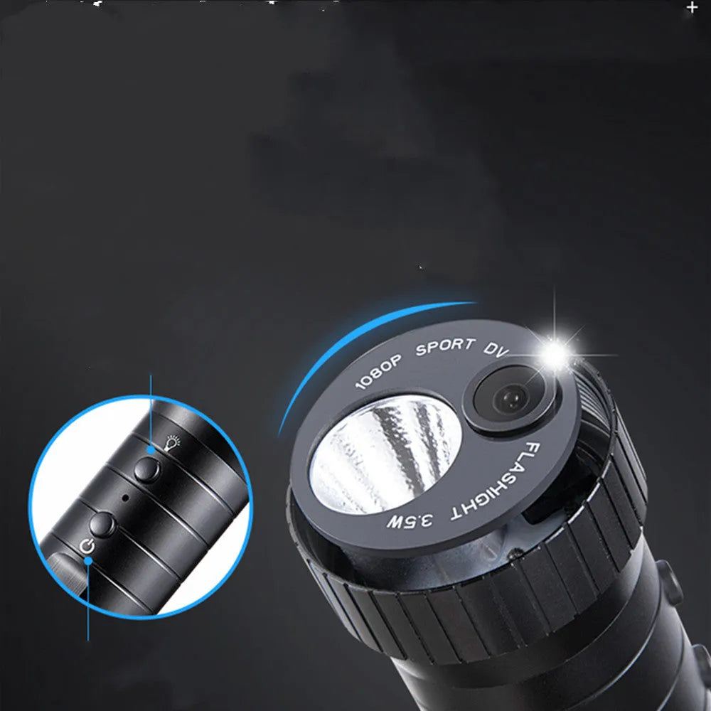 DV3000 flashlight sports camera with black metal body, 120 degree wide angle lens, and 2200mAh battery
