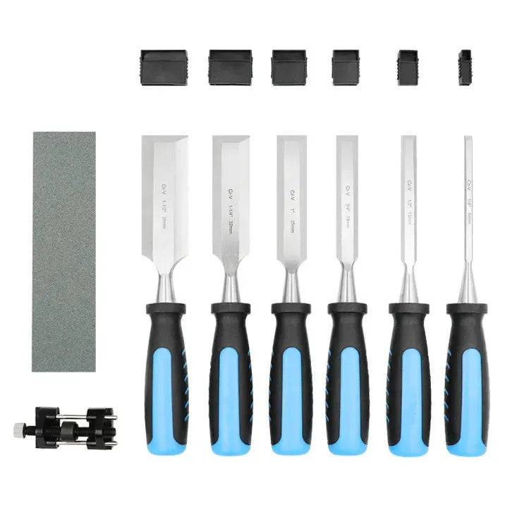 8-piece wood chisel set with blue finish including sharpening stone