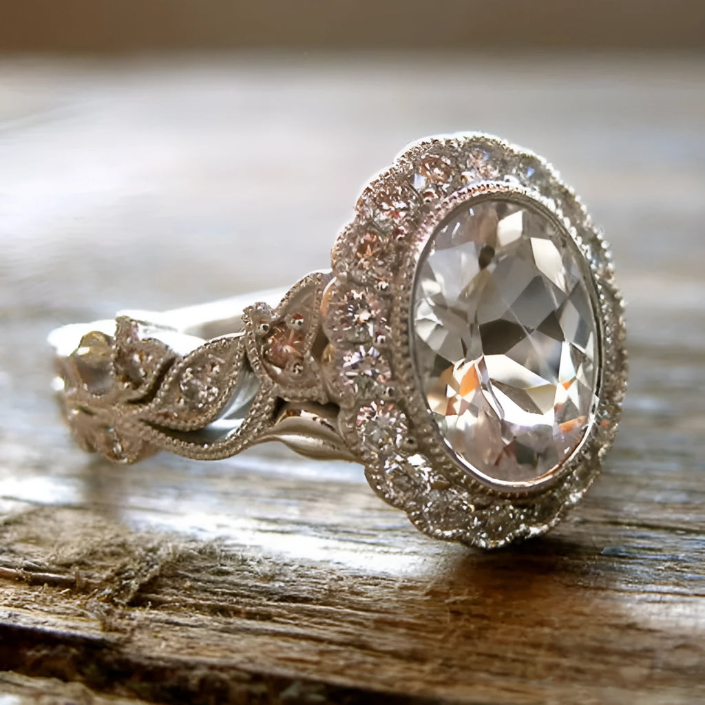Geometric copper plated women's ring with round zircon in F1770 White Gold colour
