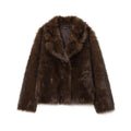 Women's brown artificial fur effect jacket coat with faux fur collar, long sleeves and 50cm length