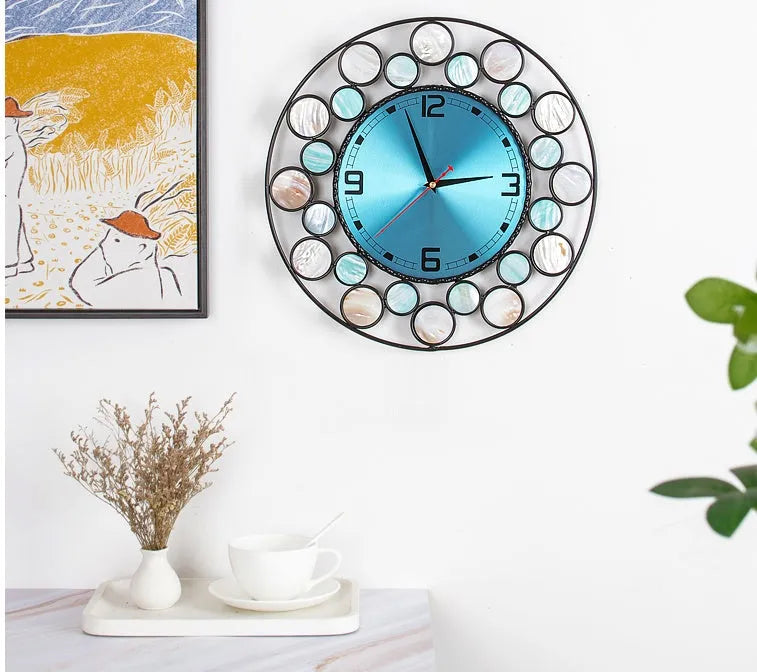 39cm round metal wall clock with real shell detail, silent sweep movement, Nordic minimalist design