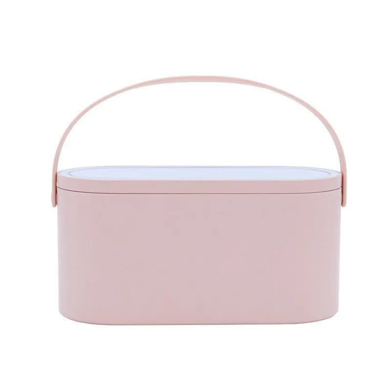 Portable LED light storage box makeup mirror in pink with aluminium lens