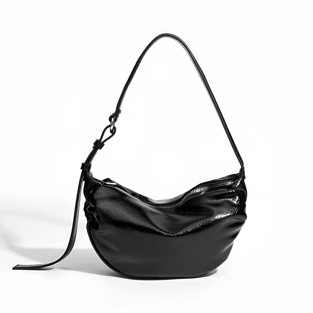 Black pleated dumpling-shaped PU shoulder bag with three-dimensional outer pocket and rock-and-roll style