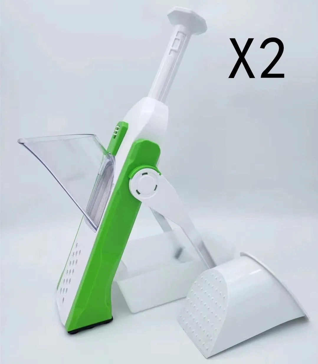 White and blue multifunctional vegetable slicer with stainless steel blade and cleaning brush