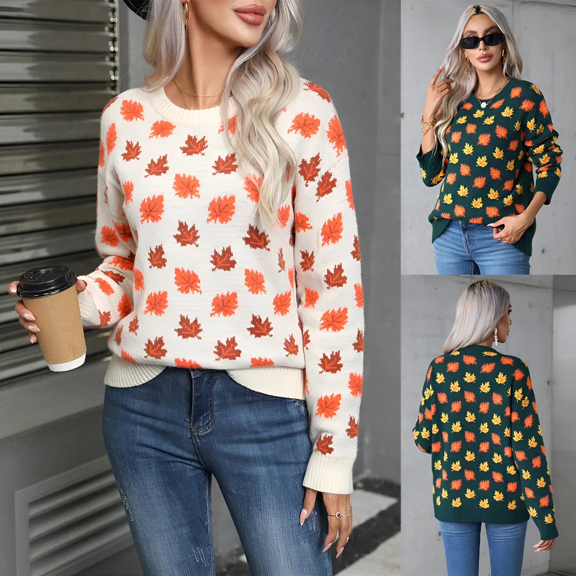 Beige and dark green loose fit Christmas sweater with maple leaf design and round neck.