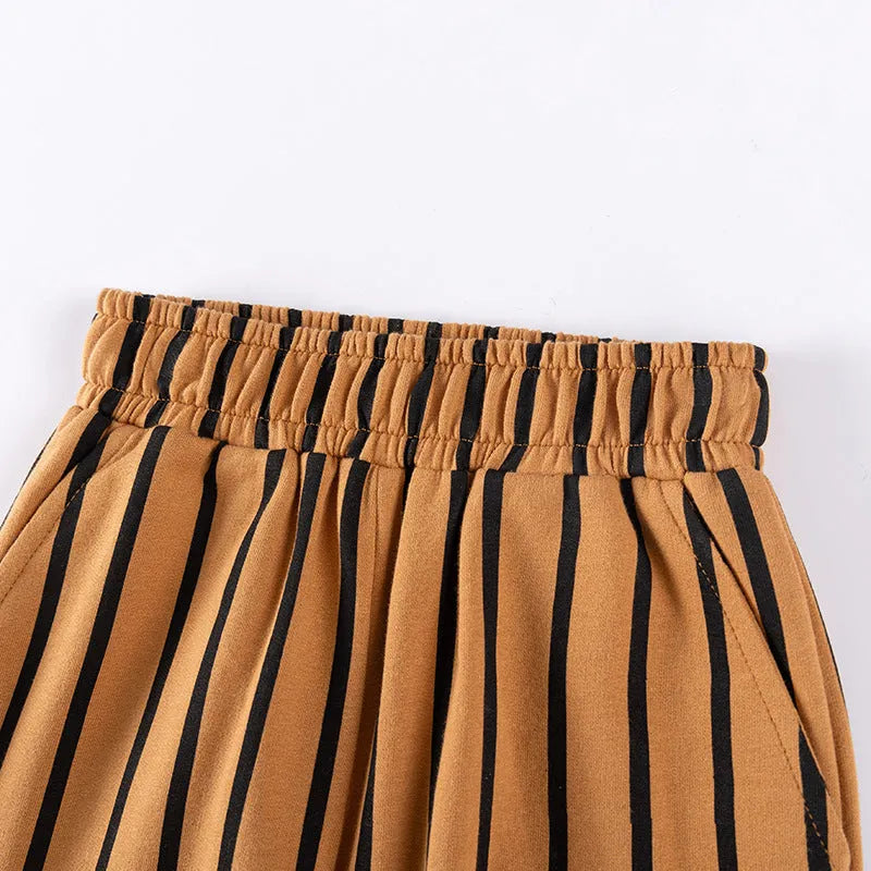 Children's two-piece cotton suit with long sleeve top and trousers in blue and orange animal stripe cartoon pattern