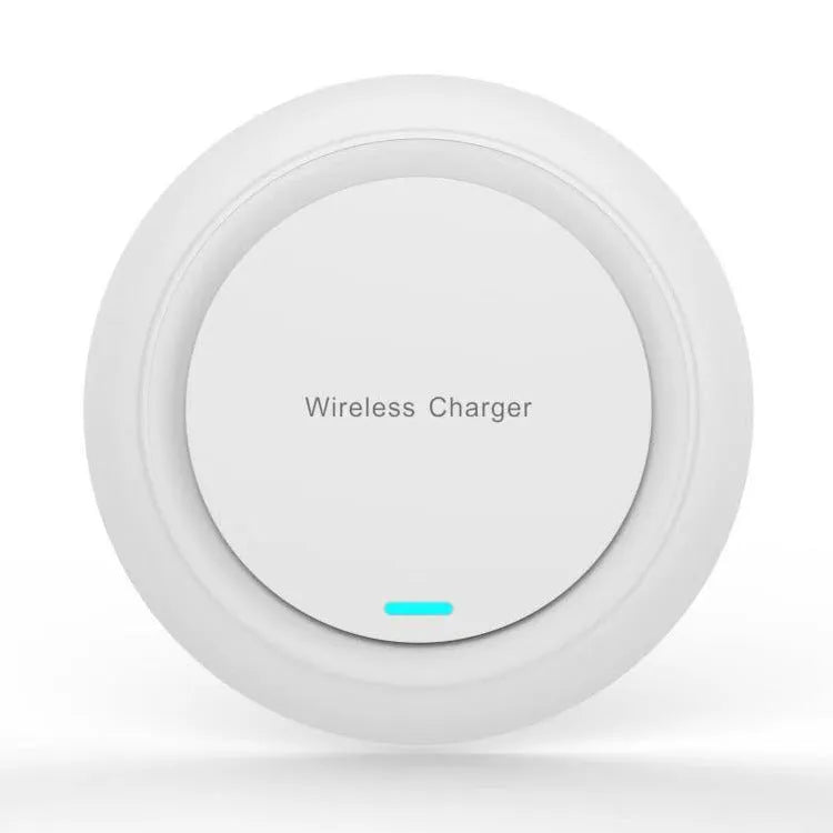 Circular white desktop wireless phone charger showing 10W fast charging capability and 7mm thickness