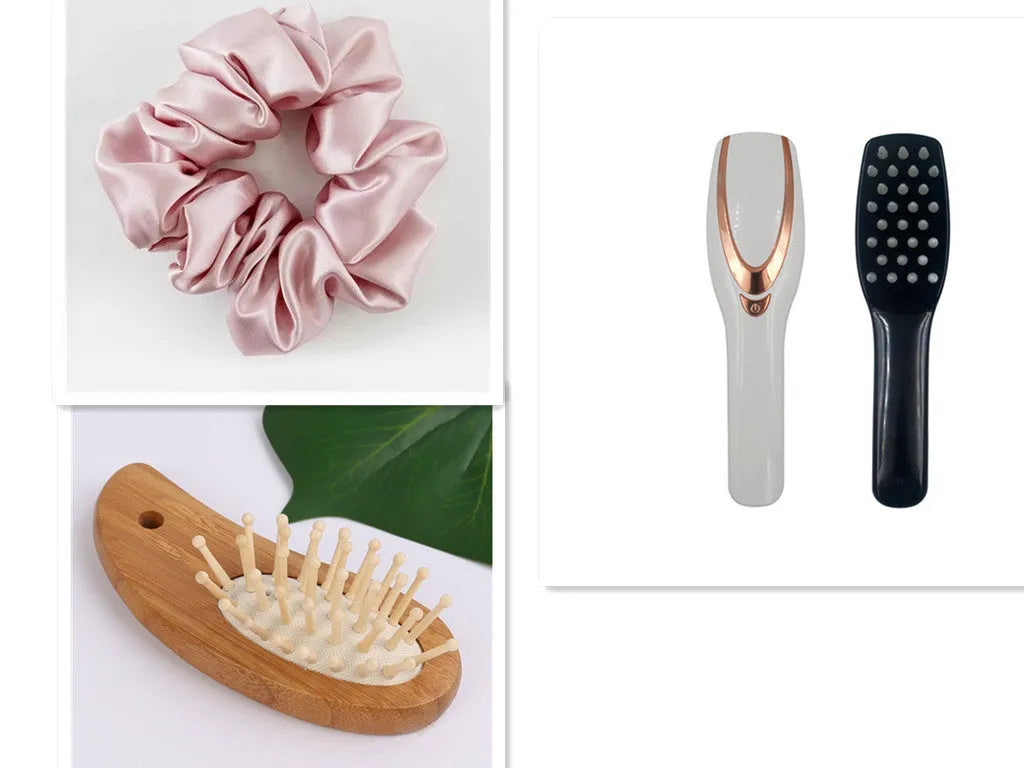 USB rechargeable light therapy massage comb with black ABS silicone body on white background