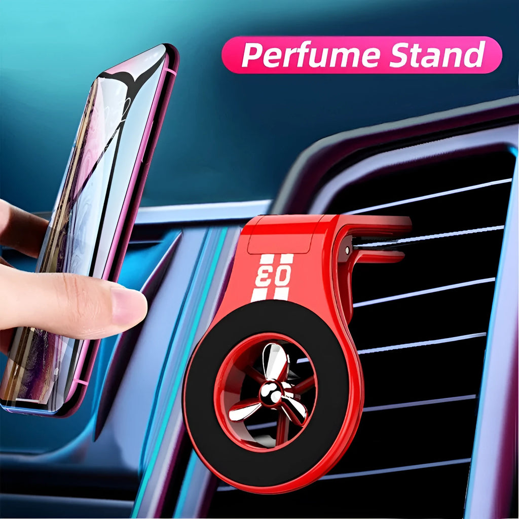 Magnetic car phone holder mounted on vehicle air vent with smartphone attached