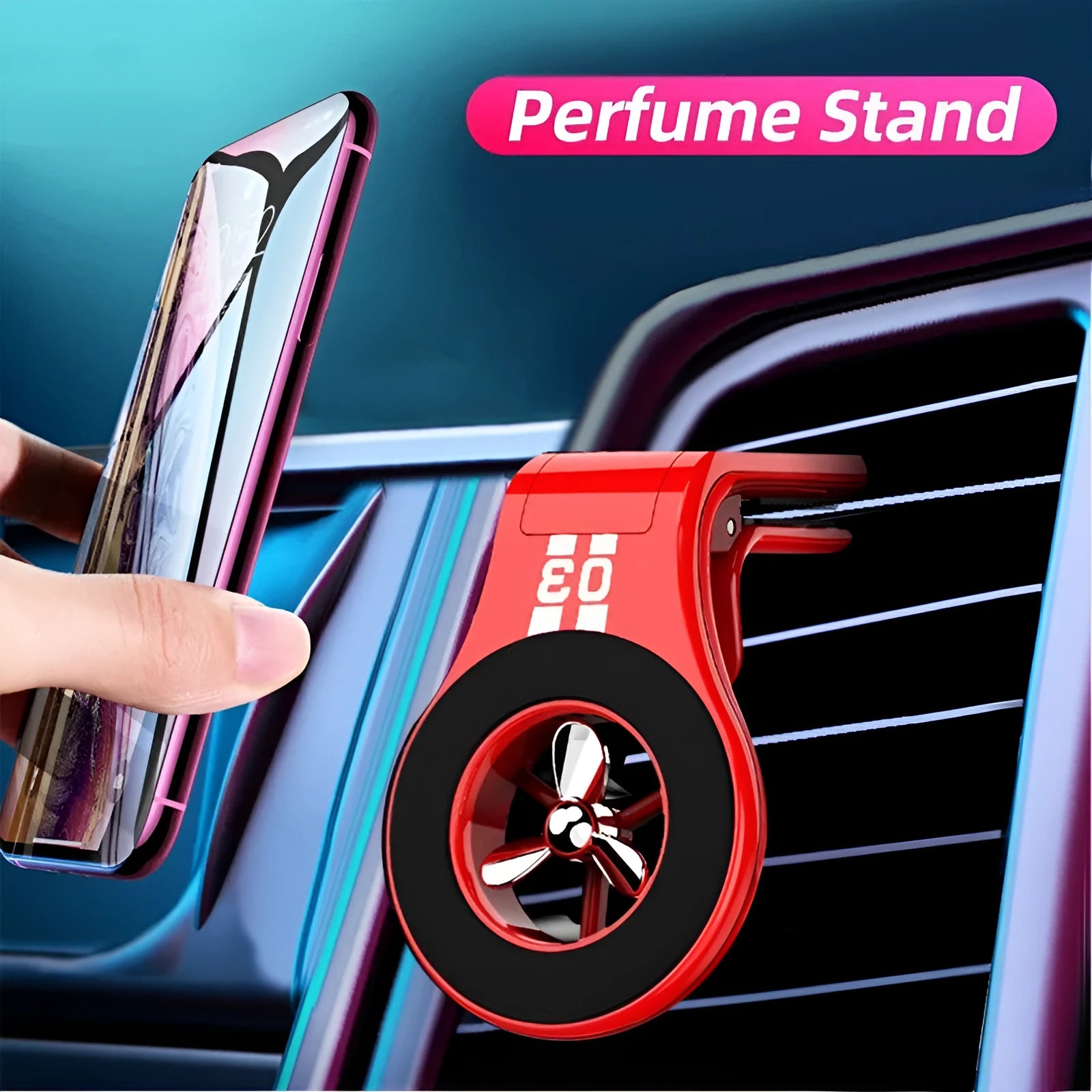 Magnetic car phone holder mounted on vehicle air vent with smartphone attached