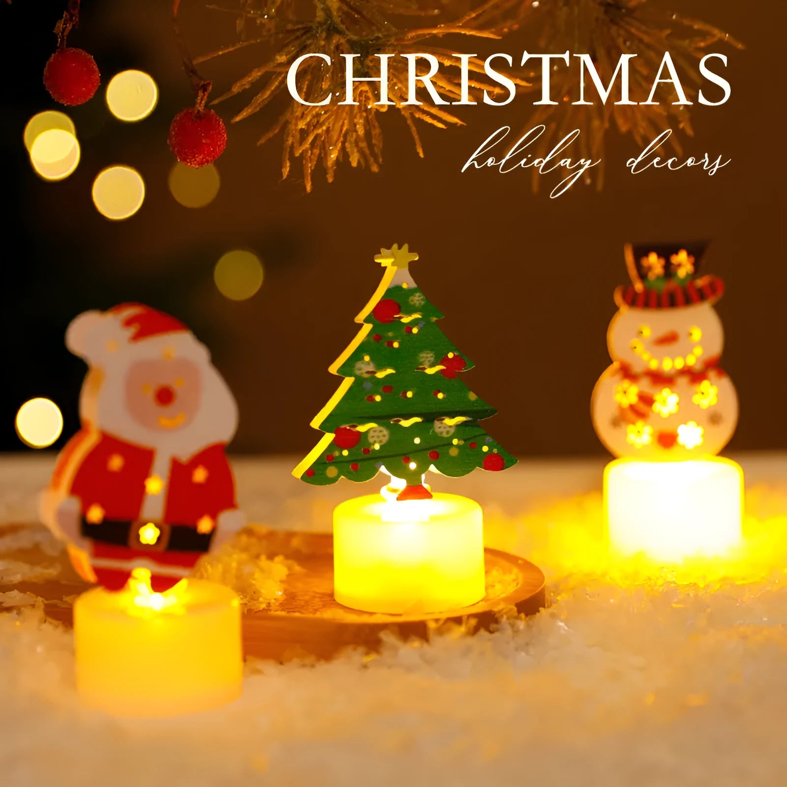 Assorted LED electronic candles featuring Christmas tree, Santa Claus, and snowman designs on a table