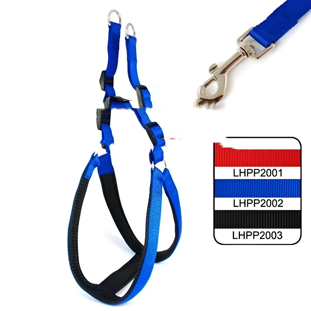 Polypropylene foam-lined pet harness in blue colour with adjustable chest strap