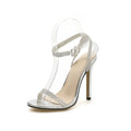 Women's stiletto sandals with rhinestone decoration on suede uppers in black and silver colour options