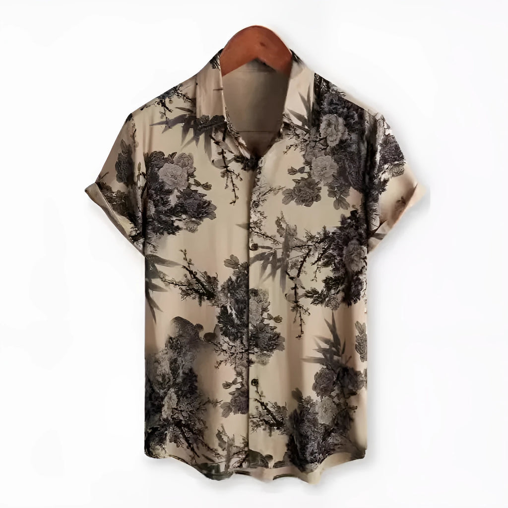 Hawaiian floral print lapel short sleeve shirt in elastic polyester fabric on a hanger