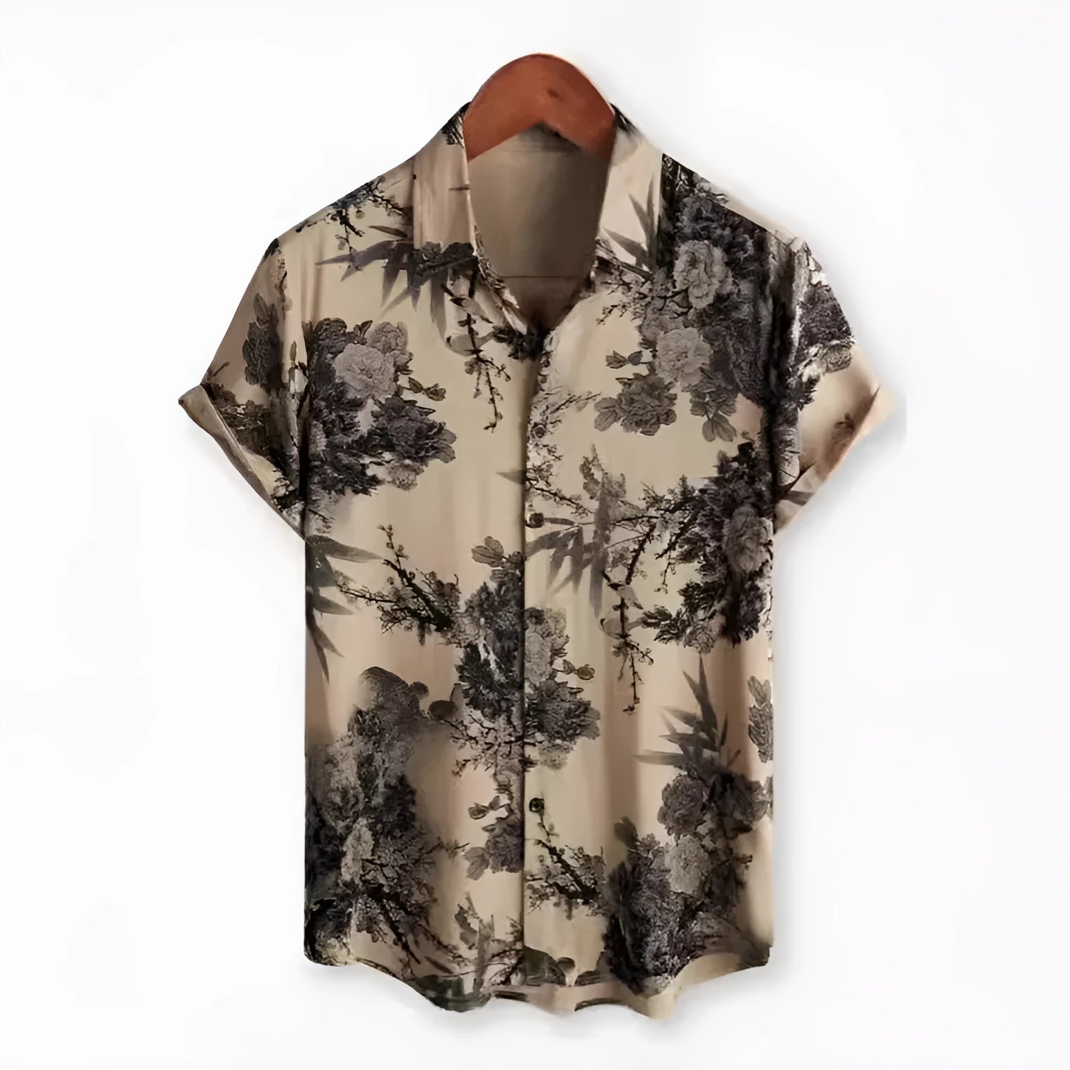 Hawaiian floral print lapel short sleeve shirt in elastic polyester fabric on a hanger