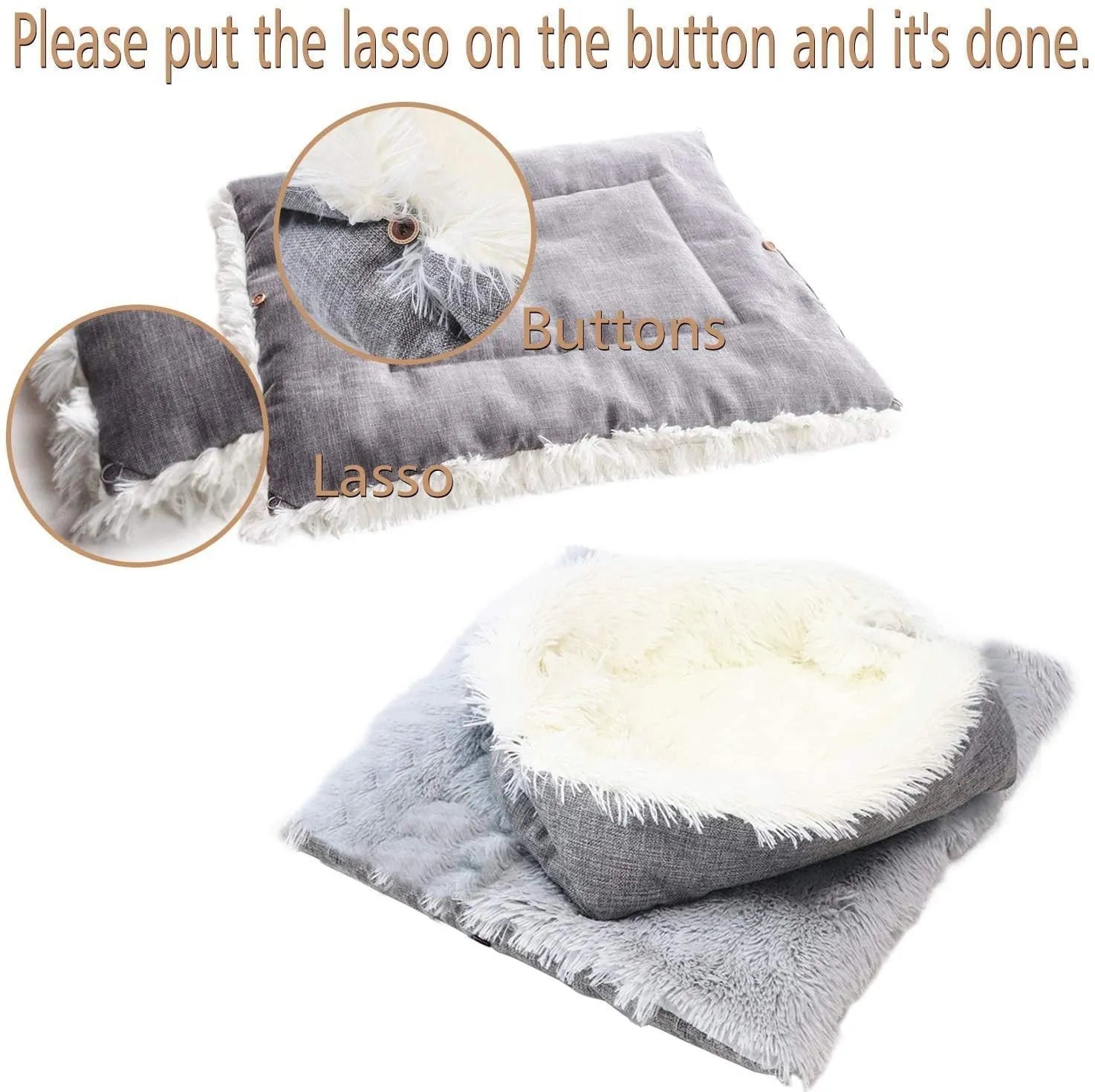 Grey pet blanket nest with long fluffy plush and black non-slip bottom for cats and dogs