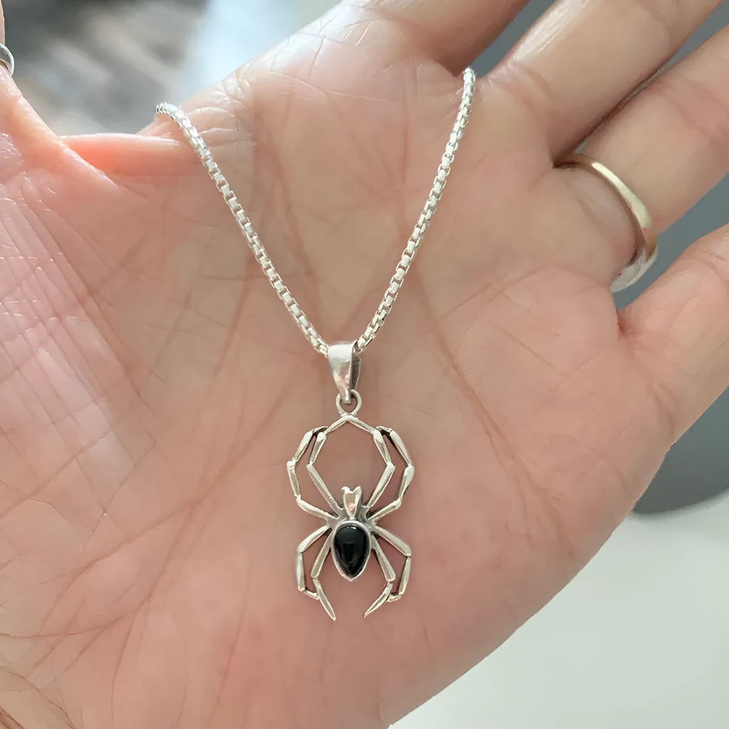 Lady Halloween ghost spider necklace with copper box chain and mixed gemstone inlay pendant in gold black colour
