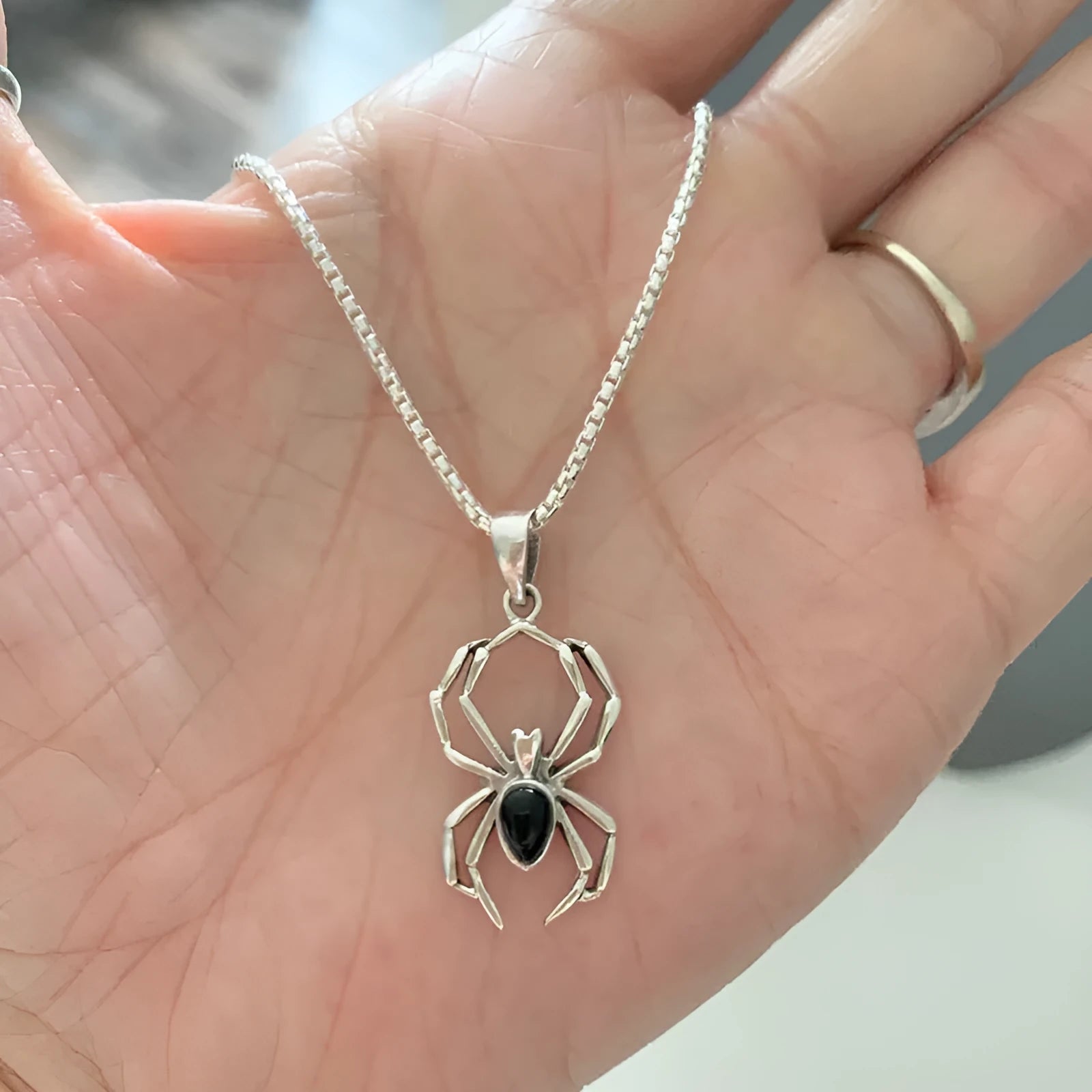 Lady Halloween ghost spider necklace with copper box chain and mixed gemstone inlay pendant in gold black colour