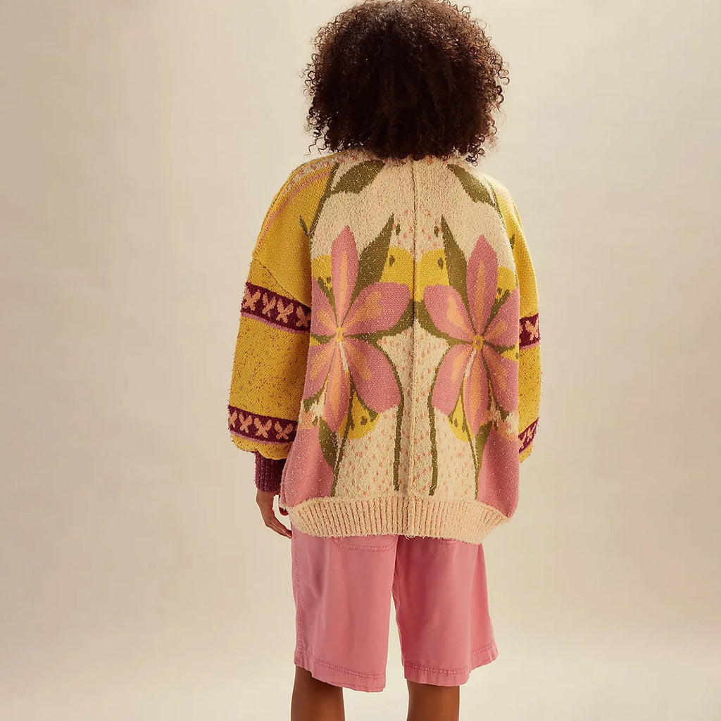 Women's abstract print lapel loose fit long sleeve sweater knitwear in picture colour