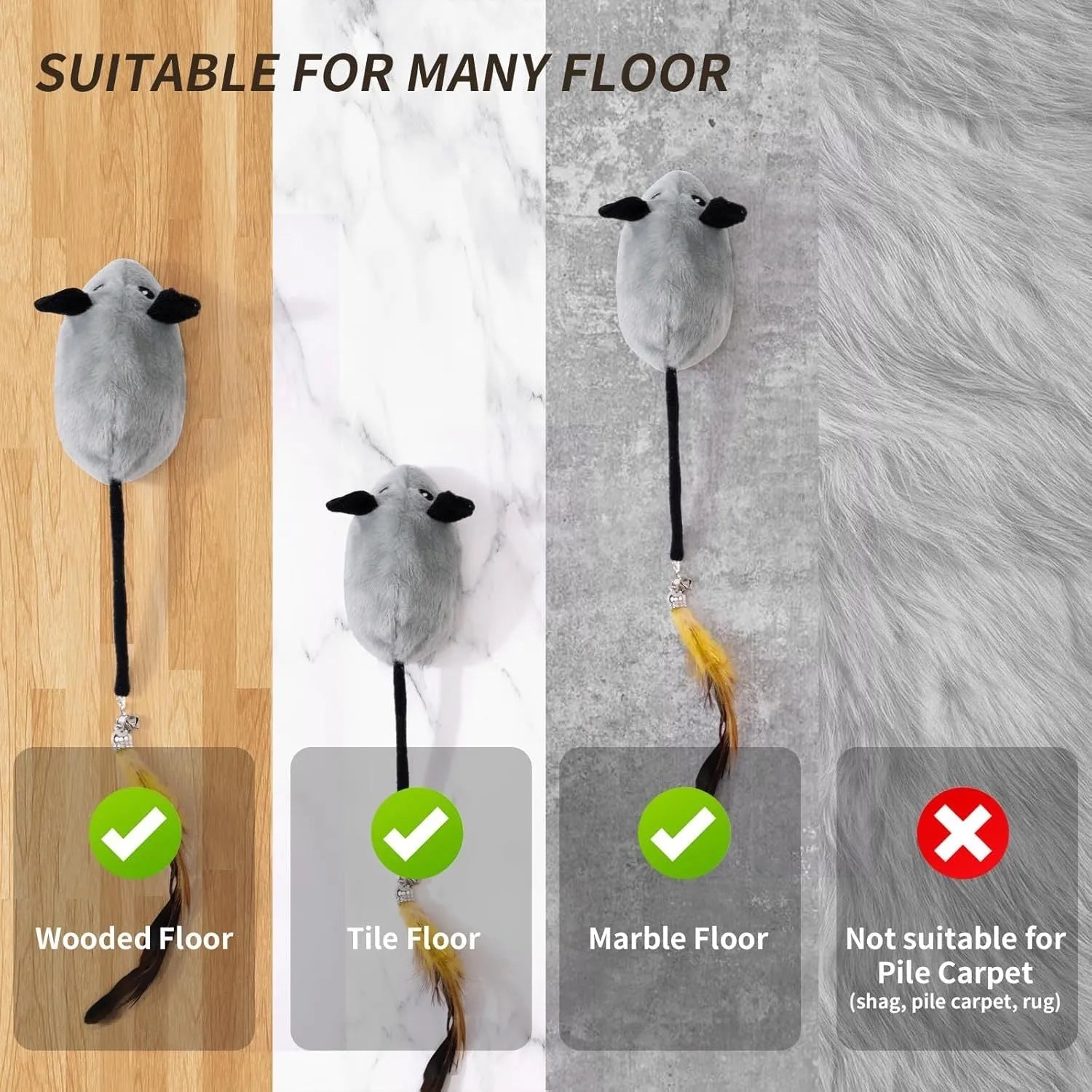 Interactive plush cat mouse toy with feather tail and LED lights for indoor feline enrichment